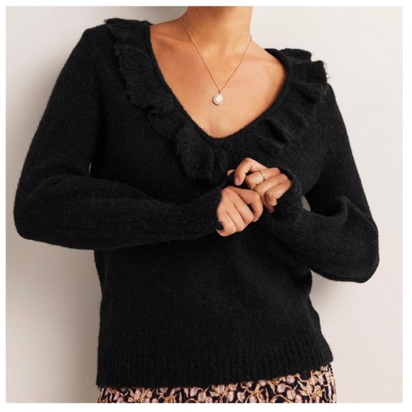 Boden Sweaters - Boden Ruffle V-Neck Sweater US 8 Black Wool Alpaca Blend Fuzzy Romantic Coquette